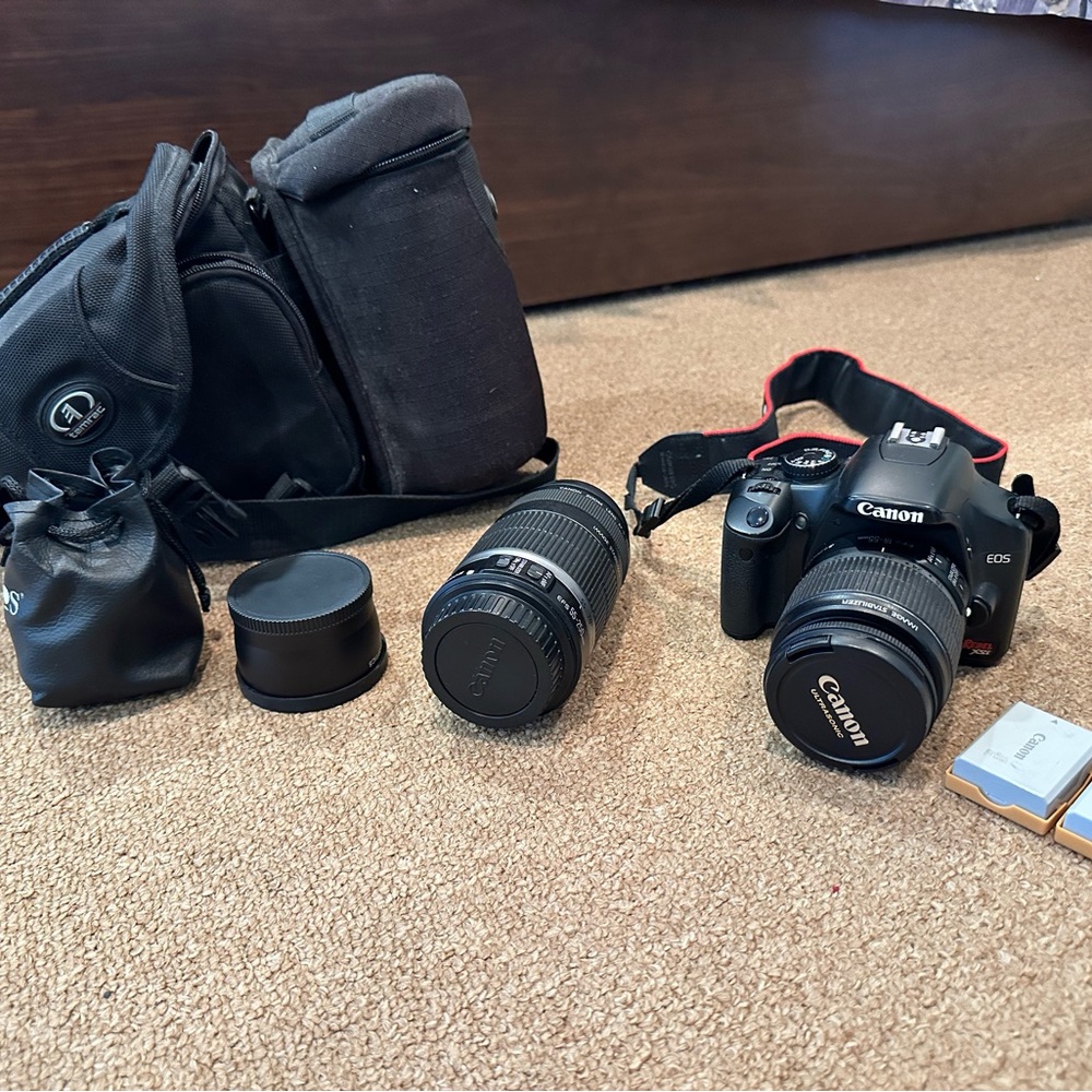 Canon Rebel XSi SLR Camera, 3 lenses, case, batteries, remote